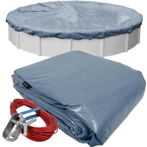 Robelle 28 ft Commercial Premier Winter Pool Cover for Above Ground Pools | Blue Round Pool Cover, 4 ft Overlap (32ft Cover Size), Solid 12 x 12 Scrim, 3.7 oz/yd2, Style: 3428-4A
