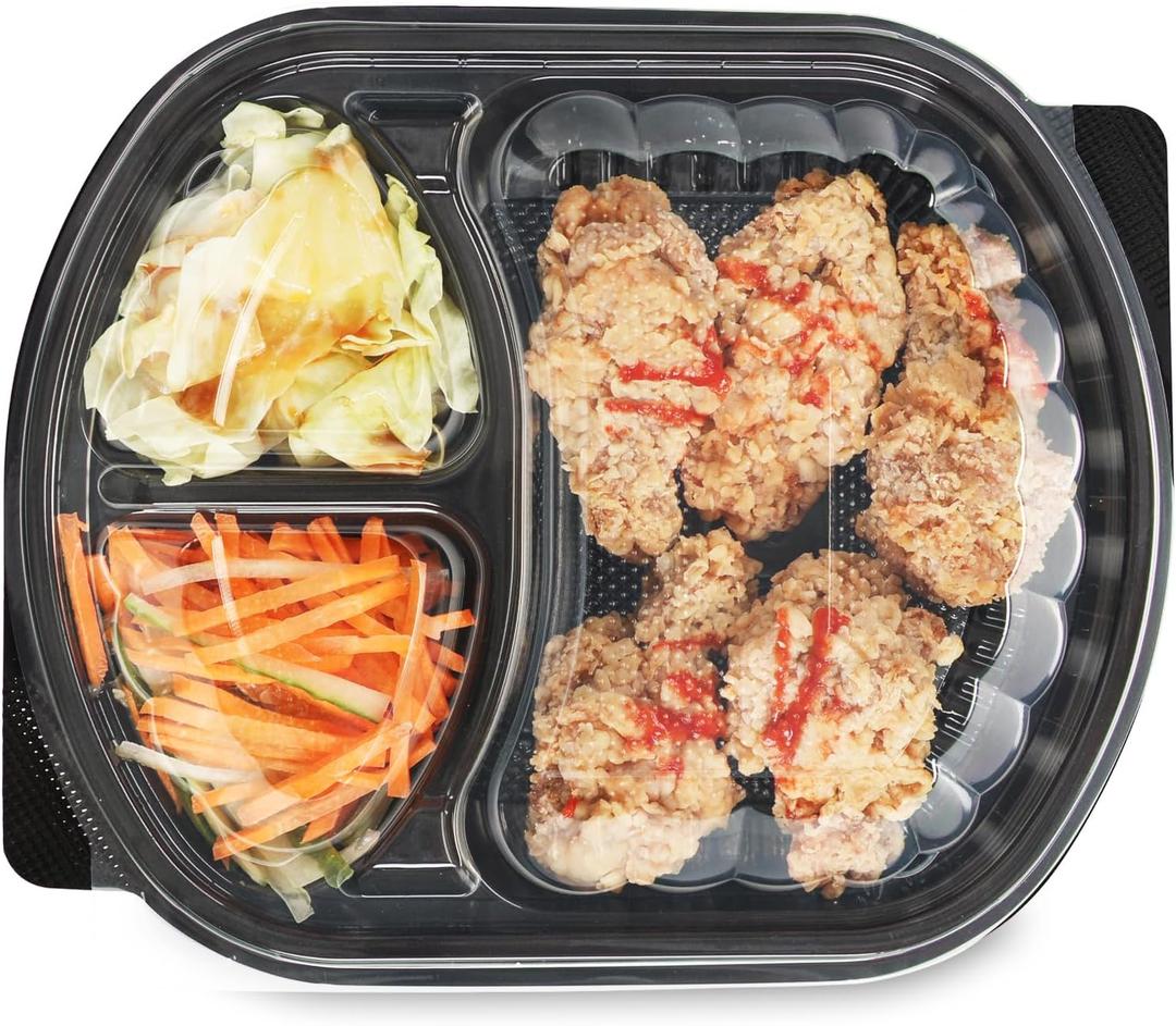 YANGRUI Meal Prep Container, 30 Pack 30oz BPA Free Reusable To Go Containers with Lids Shrink Wrap Microwave Dishwasher Freezer Safe Plastic 3 Compartment Bento Box (to go containers 30 oz, to go containers 3 compartment-Black)