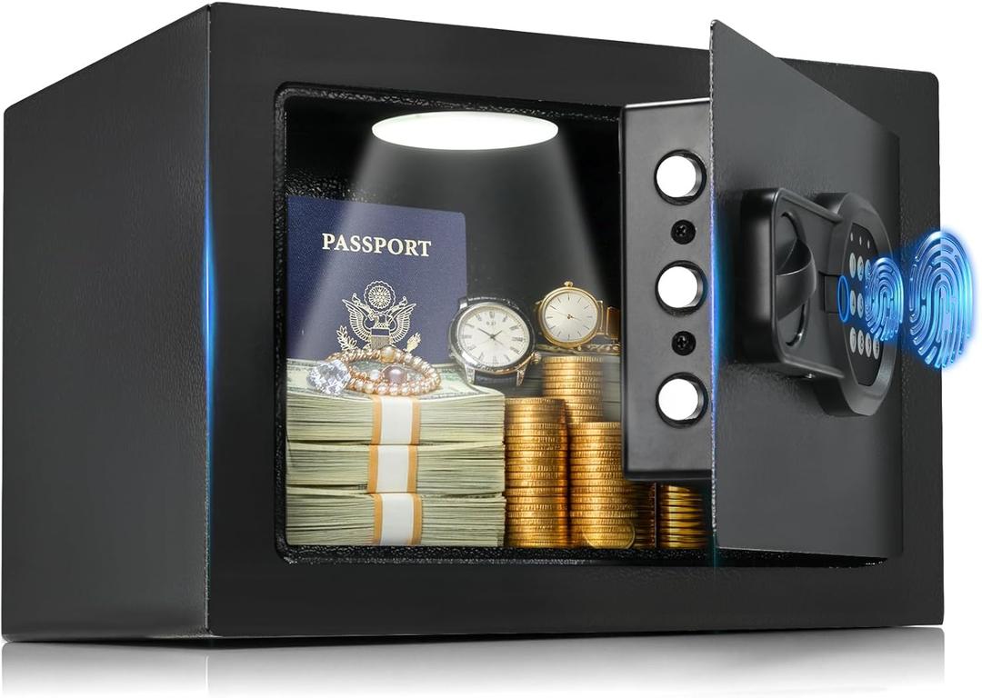 GTPLAYER Safe Box 0.44 Cubic Feet for College Dorm Room with Electronic Keypad and Fingerprint, Shelf, Wall Mount Kit, Hidden Home Safe for Money, Jewelry and Passport