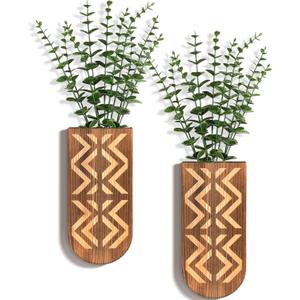 2 Pack Wooden Wall Vase Set, Wall Planter for Indoor Plants, Modern Farmhouse Art with Carving, Boho Wall Decor for Entryway, Hallway, Bathroom, Living Room, Dining Room (Dark Brown-carving)