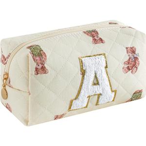 3 x Small Quilted Cotton Initial A-Z Makeup Bag, Personalized Aesthetic Chenille Letter Travel Cosmetic Pouch with Bear Pattern, Cute Preppy Toiletry Organizer Bag, Gift Ideal for Women Girls(Bear A)