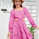 Haloumoning Girls Dresses Long Sleeve Square Neck Crossover Waist Casual A-Line Spring Fall Dress 5-14Y (Pink)