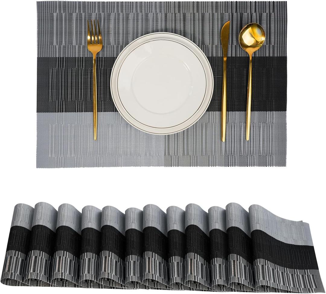 Placemats Set of 12Non-Slip PVC Weave Table Mats Easy to CleanHeat Resistant Place Mats for Kitchen Dining Table Decoration Indoor OutdoorBlack Gray