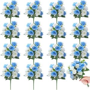 Zeyune 16 Bunches 12 Inch Artificial Mini Rose Bouquet 160 Heads Bridal Flower Bouquets Fake Silk Rose Bulk for Wedding Bridal Shower Christmas Home Office Garden Decoration(White and Blue)
