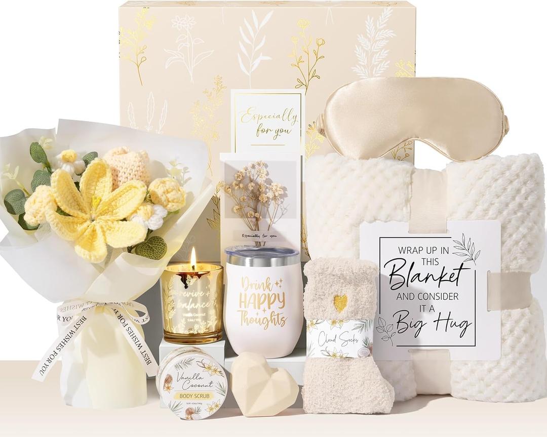 Mothers Day Birthday Gifts for Women Self Care Package Get Well Soon Gift Baskets, Thinking of You Sympathy Spa Gift Set w/ Crochet Flower Bouquet, Unique Gifts for Women Mom Sister Grandma Friends (Ivory White - Vanilla Coconut)