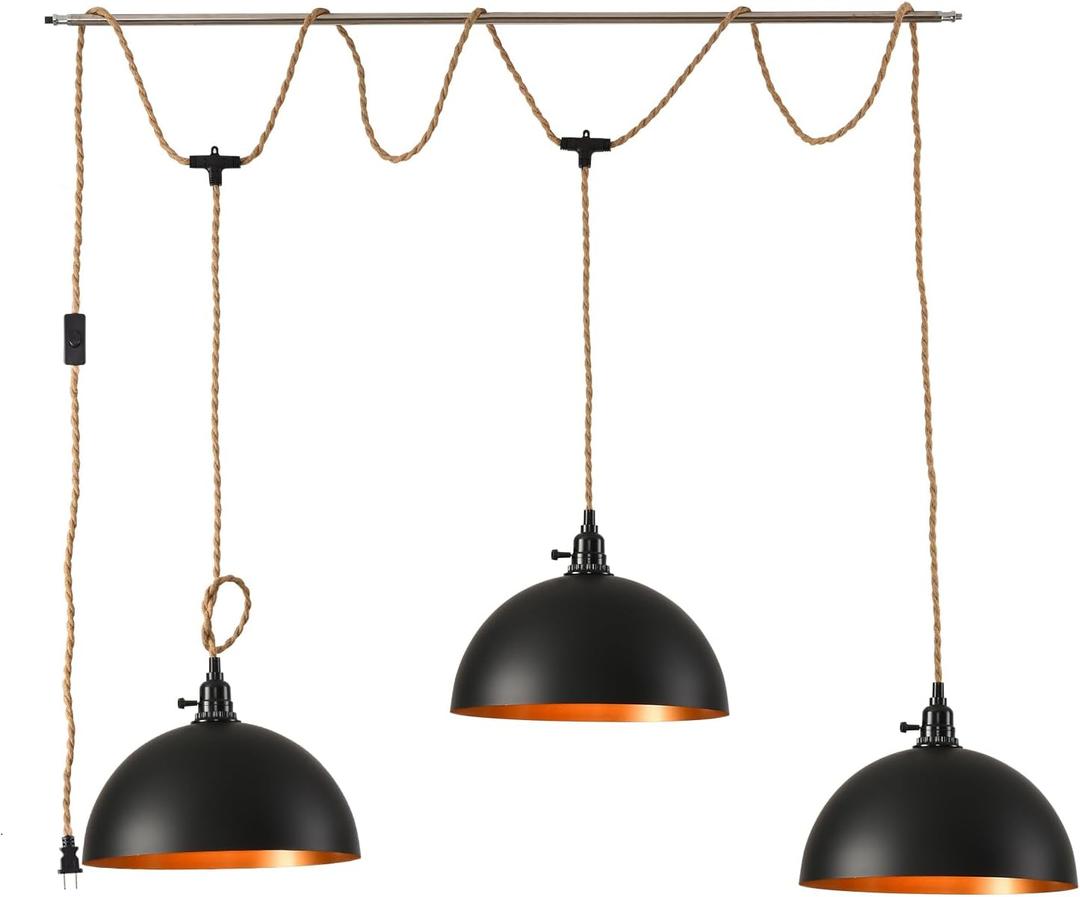 3-Light Hanging Light with Plug in Cord,Plug in Pendant Light 22ft Hemp Rope Pendant Lighting Vintage 3-Light Hanging Lamp Fixtures for Kitchen Island Living Room Bedroom