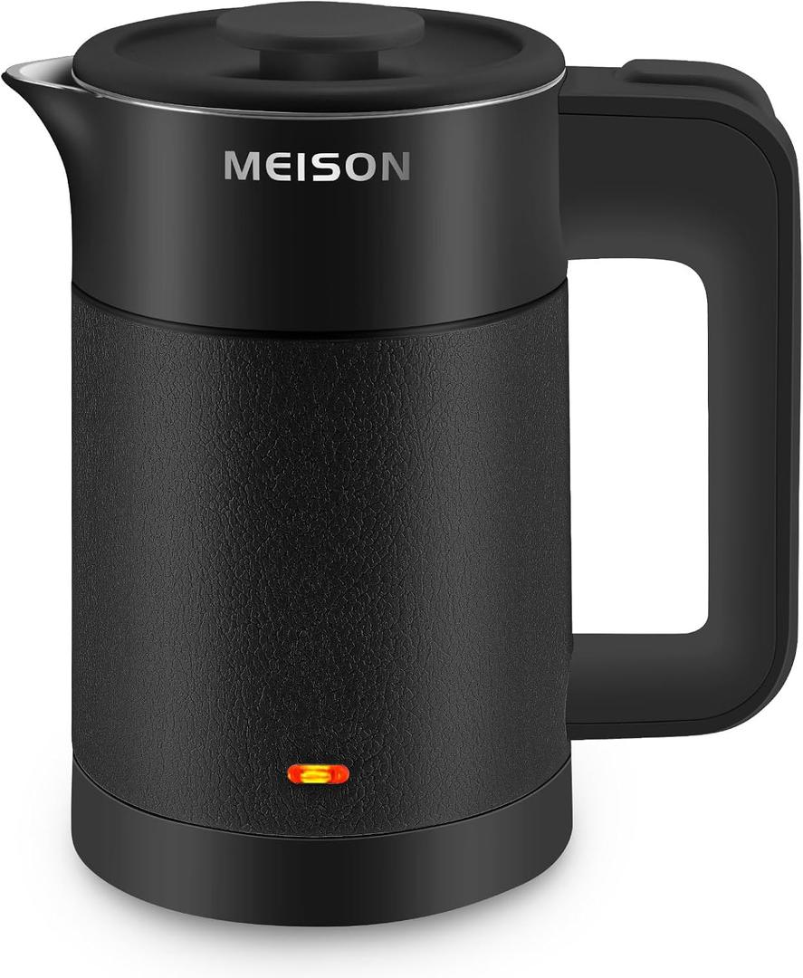 0.6L Small Electric Kettles Stainless Steel, Travel Mini Hot Water Boiler Heater, Double Wall Cool Touch Portable Teapot, Auto Shut-Off & Boil-Dry Protection, 120V/800W, (Black)