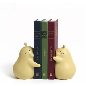 Hug Pear Decorative Bookends, Cute Book Ends to Hold Books, Creative Ceramic Book Holder Stopper for Home, Office Desk, Bookshelf Decoration (Matte Yellow)