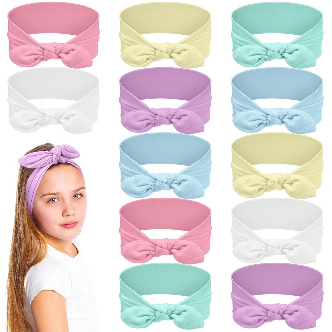 Giegxin 12 Pack Polyester Cloth Headbands for Girls Removable Colorful Rabbit Ear Bow Hairbands Hair Accessories (Pastel)