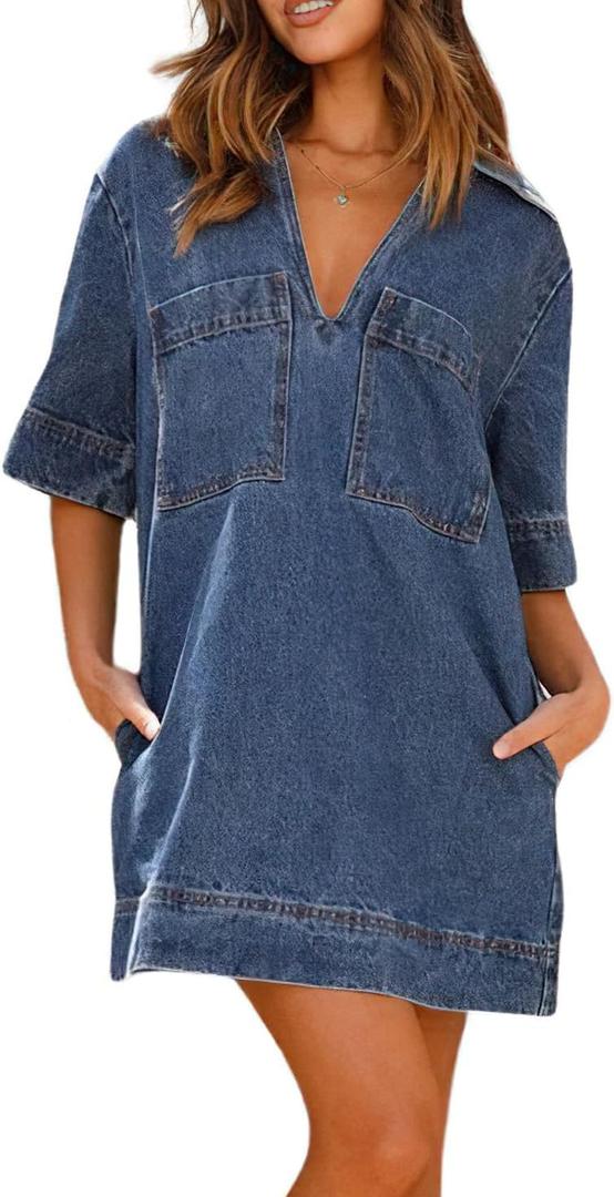 chouyatou Women's Summer Loose Fit V-Neck Sexy Mini Denim Dress Cute Jean Tunic Dress with Pockets (S)