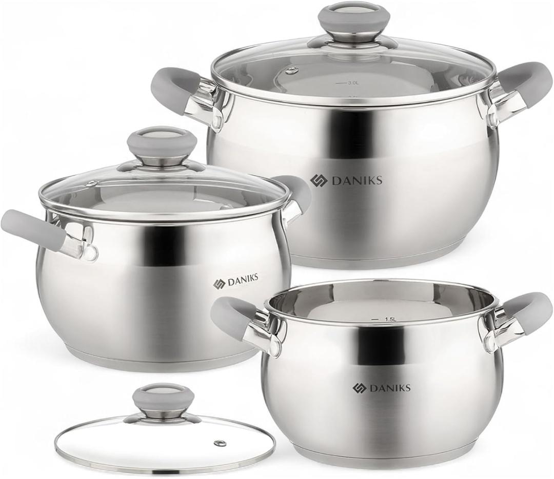 Daniks Modern 6-Piece Stainless Steel Cookware Set with Glass Lids, Tri-Ply Bases for Even Heating, Induction Compatible, Dishwasher Safe, Heatproof Handles
