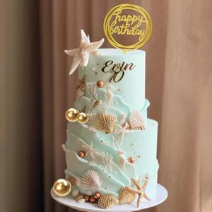 DRWATE Starfish Conch Cake Toppers Seahorse Shell Coral Cake Decorations with Golden Ball Cake Toppers for Shell Starfish Beach Themed Party Ocean Summer Party Supplies (Style 01)