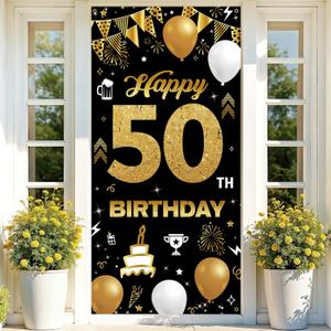 50th Birthday Decoration Men Women, Fabric Happy 50th Birthday Banner Backdrop Black Gold, 50 Year Old Birthday Party Yard Sign Photo Props Door Decor Supplies Him Her, Sturdy(3 x 6.1ft)