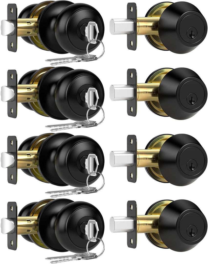 4 Pack Exterior Door Lock Set, Keyed Alike Entry Door Knob and Single Cylinder Deadbolt Lock Combo Set, Matte Black Door Knobs with Lock and Keys, Locksets for Front,Entrance,Back,Garage Door
