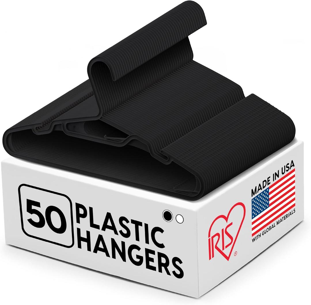 IRIS USA Lightweight Flexible Hangers 50 Pack, Made in USA, Plastic Clothes Hangers with Shoulder Grooves & Accessory Hooks, Dorm Apartment Essentials, Adult Hangers for Light Shirts, Black