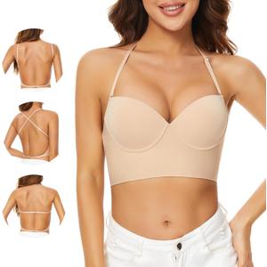 Low Back Bras for Women-Seamless Invisible Backless Bra-Lightly Lined Demi Multiway Bra No Show Low Cut Halter Bras, Nude, 34C