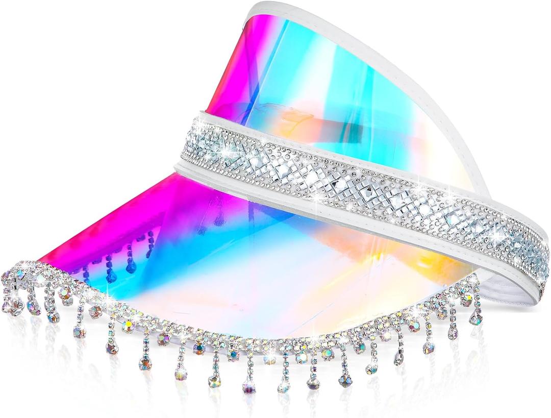 Bling Rhinestone Sun Visor Hat for Women Iridescent Tennis Beach Golf Visors Rhinestone Mirrored Visor Cap for Music Festival Disco Party