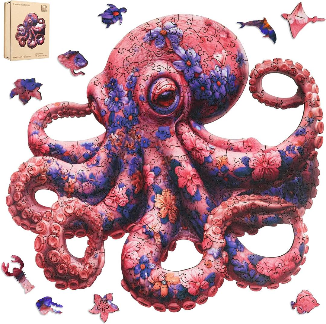 Leodozzio 500 Pieces Octopus Wooden Puzzle, Floral Ocean Animal Jigsaw Puzzle for Adults, Unique Shaped Wooden Puzzle, Art Puzzle, Gift for Puzzle Lovers, 16.9 x 16.6 Inch