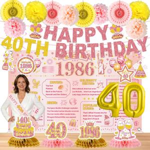 24 Pcs 40th Birthday Decorations for Women, Back in 1986 Party Supplies, Pink Gold 40th Birthday Banner Backdrop Hanging Swirls Balloons Honeycomb Centerpieces Sash