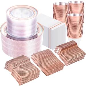 GATHER 700PCS Rose Gold Plastic Plates - Clear Rose Gold Rim Disposable Dinnerware Set Includes 200 Plates, 300 Silverware, 100 Napkins, 100 Cups for Party & Wedding