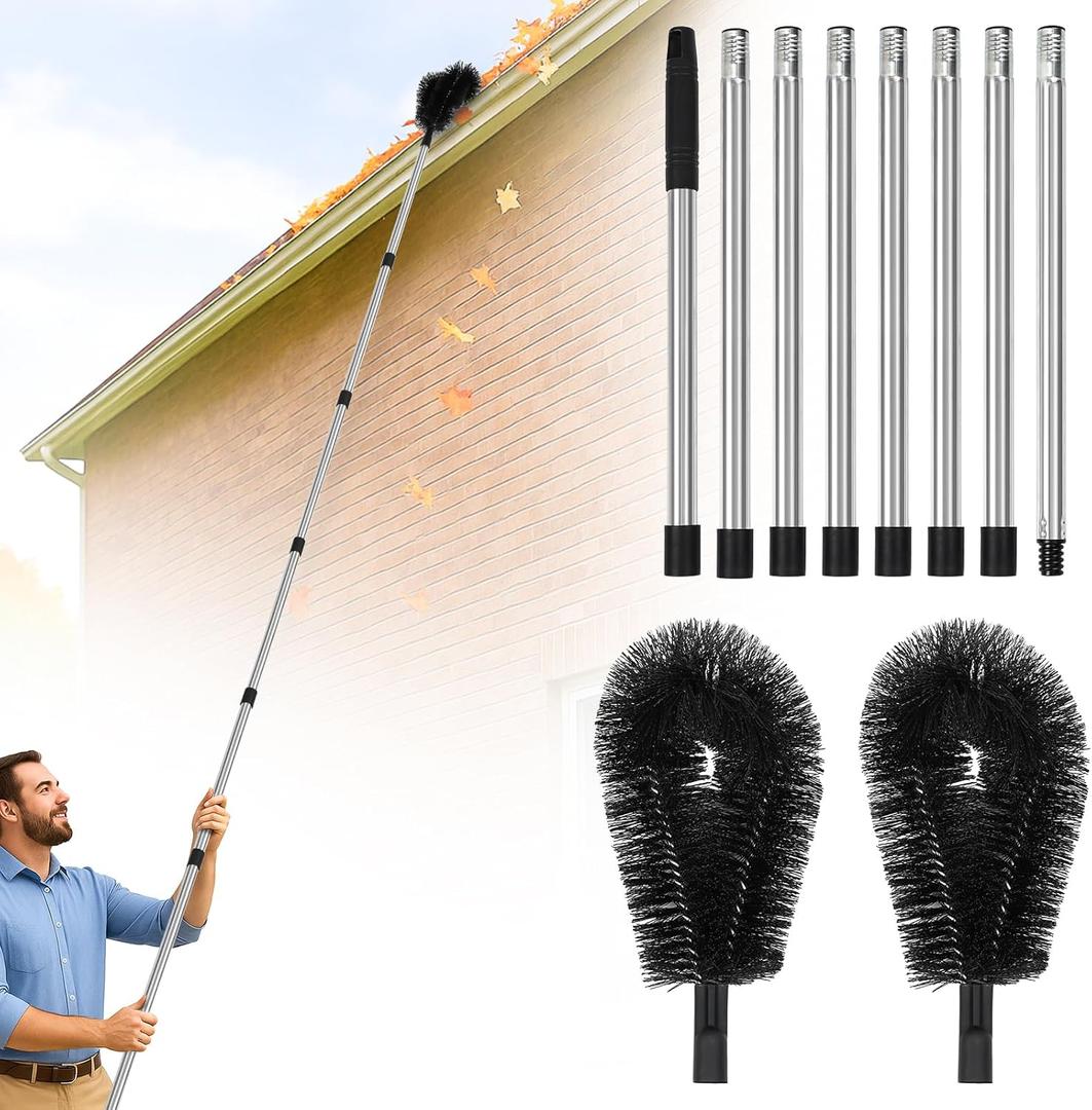 10.5FT Gutter Cleaning Brush with Adjustable Pole - No Ladder, Professional Long Reach Gutter Brush with Replaceable Brush for Removing Leaves from Roof Gutters