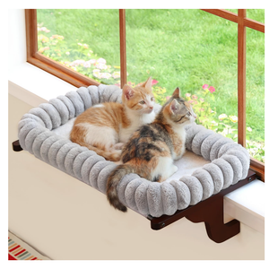 Zakkart SnugCloud Cat Window Perch with 4-Sided Bolster - Large Cat Hammock for Window Sill - Solid Hardwood & Metal Frame - Window Seat for Pets (Dark Stained Wood w/Gray Bed, Large)