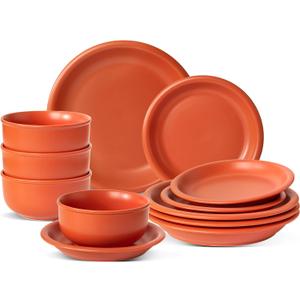 Timeworn Clay Dinnerware Set, 12 Pieces Stoneware Sets for 4, Hand-Finished Glaze Farmhouse Plates and Bowls, Microwave and Dishwasher Safe, Terracotta Red