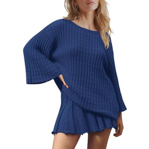 LAMISSCHE Womens Lounge Set Oversized 2 Piece Sweater Skirt Sets Long Sleeve Knit Top Pleated Skirts (X-Small, Blue)