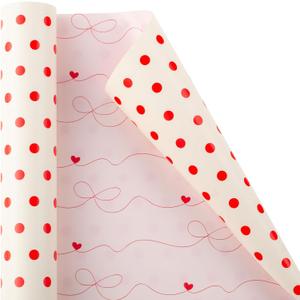 Flyhill Polka Dot Valentine Wrapping Paper Roll,Reversible Pink Beige Heart & Bow Elegant Gift Wrap Suitable for Valentines Day, Anniversary Day, Birthday,Girls,Baby Shower,Wedding (17 Inch X 32.8 Feet)