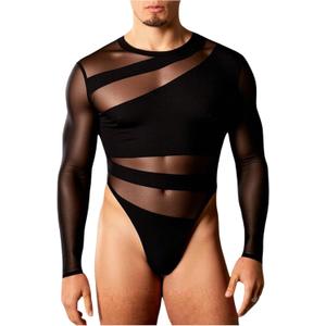 OYOANGLE Men's Long Sleeve Sheer Bodysuit Crew Neck Slim Fit Mesh Shirt Y2K Party Clubwear Streetwear (Large, Black)