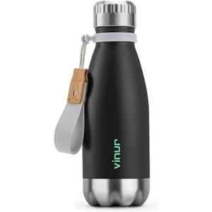 VINUR Kids Water Bottle-9 oz Stainless Steel Double Wall Vacuum Insulated Water Bottle for School-Cola Shape Flask with Carry Rope(Black)