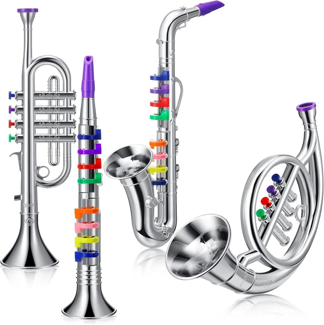 Treela Set of 4 Musical Instruments for Kids, Toy Clarinet Saxophone Trumpet and Horn Set for Beginners with over 10 Color Coded Keys, Christmas Educational Musical Gifts for Children Toddlers (Silver)