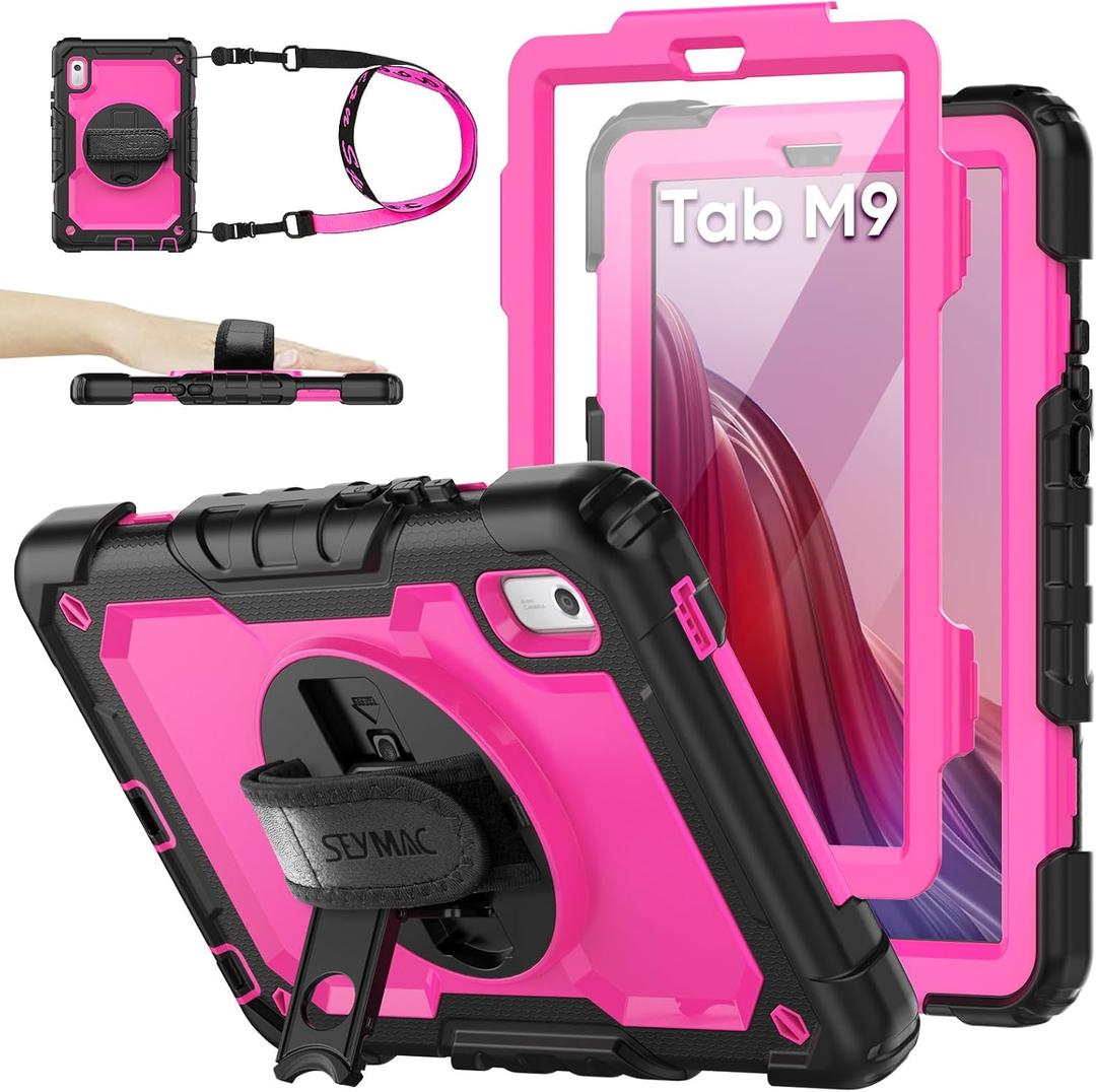 SEYMAC stock Case for Lenovo Tab M9 (TB-310FU) 2023 with Screen Protector, Drop-Proof Protection Cover with 360 Rotating Stand &Strap [Pen Holder] Case for Lenovo Tab M9 9'' (Pink+Black)