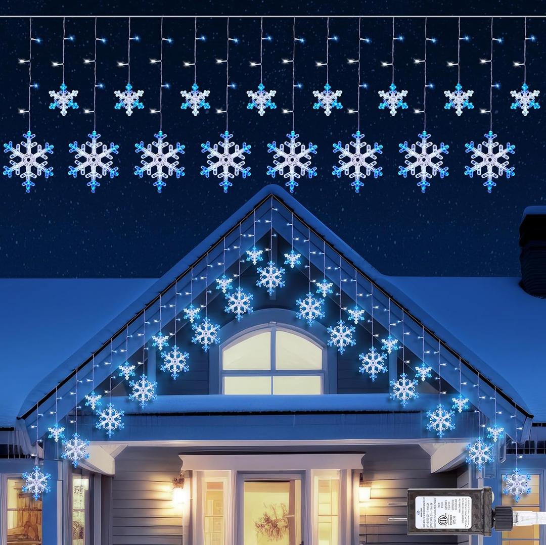 Minetom Christmas Snowflake Lights - 13ft 192LED Snowflake Icicle Lights with 16 Drops, 12 Modes and Timer, IP65 Waterproof Connectable Christmas Light for House Eave Window Indoor Outdoor Decoration (Blue and White)
