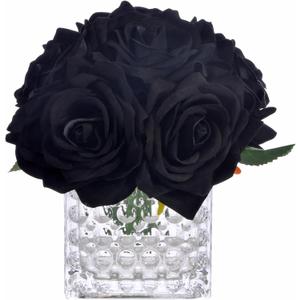 Fule Artificial Silk Rose Flower Centerpiece Arrangement in Glass Vase with LED Light for Home Wedding Decoration (Black)