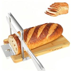 CAROCUT Adjustable Bread Slicer, Foldable Wood & Stainless Steel Guide for Homemade Sourdough, Sandwich & Artisan Loaves up to 6.3”, Space Saver for Small Kitchen, Includes Knife