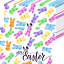 50 Pack Easter Placemats Disposable, White Paper Table Mats with Colorful Jelly Bunny Candy & Happy Easter Script, for Easter Party, Brunch, Church, Spring Home Decoration