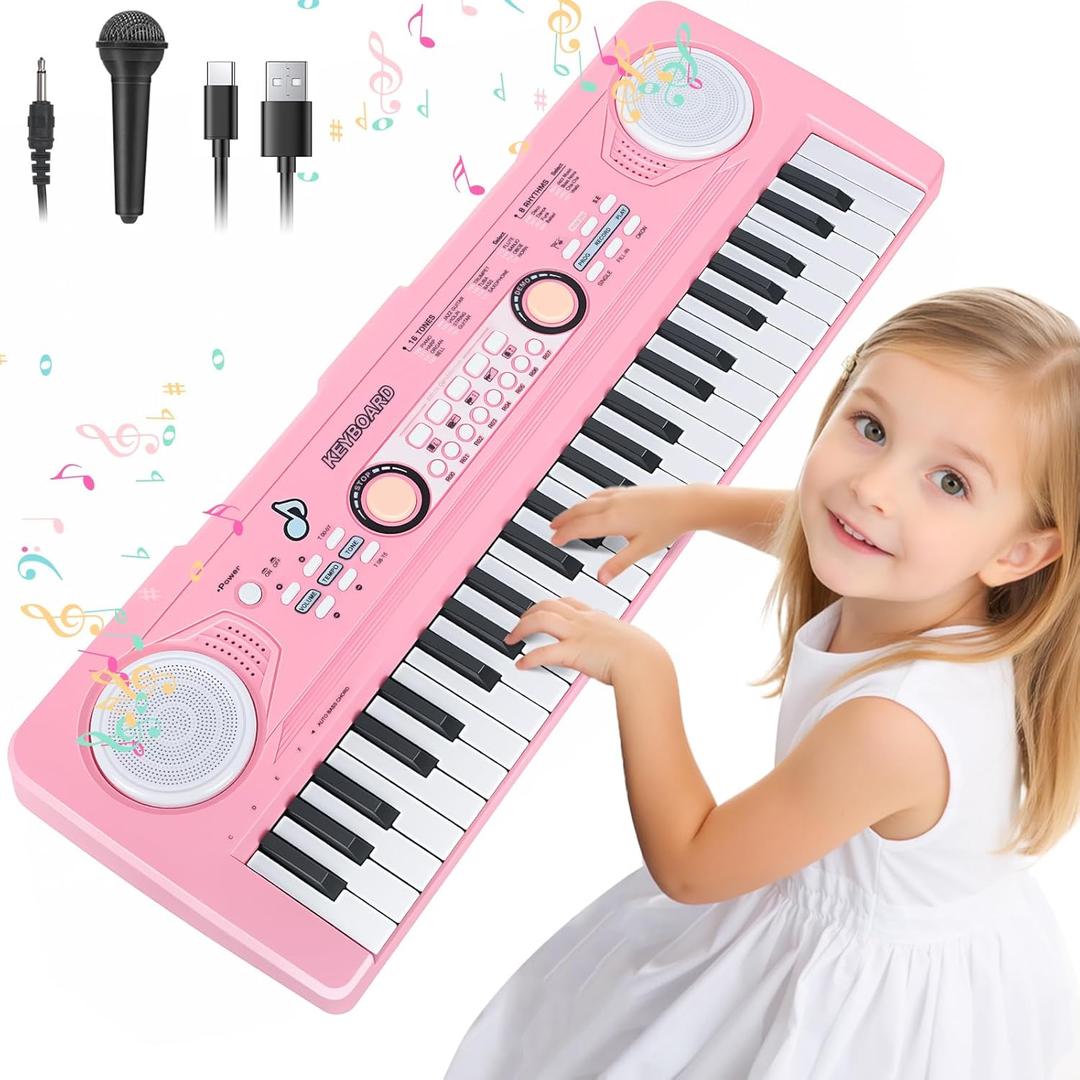 49 Key Pink Piano Keyboard Toy for 3 Year Old Girl Birthday Gift Kids Keyboards Pianos with Microphone Musical Toys for 3 4 5 6 7 Year Old Boys Girls Gifts