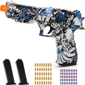 Soft Bullet Toy Gun Shell Ejecting for Age 8, 9, 10, 11, 12+ Years Old Boys, Realistic Toy Pistol with 50 Foam Bullets, 40 Shells & 2 Clips, Ideal Christmas Birthday Gift (Blue Black)