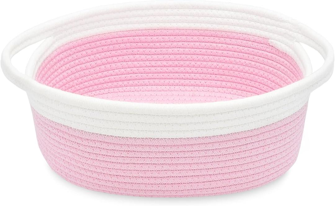 ABenkle Small Basket with Handles, Boho Decorative Rope Woven Dog Cat Toy Storage Bin Shelf Storage Organizer, Easter Christmas Gift Basket, 12"x8"x5", Pink