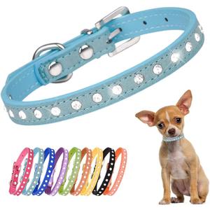 Bling XXS Dog Collar, Pretty Diamond Kitten Collar Crystal Jewel Glitter Rhinestone Puppy Collar for Pet Female Dogs Girl Cats, Light Blue (Xxs(neck 5.8-8"))