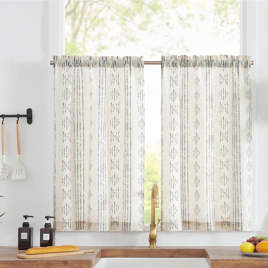 jinchan Boho Kitchen Curtains Linen Tier Curtains 45 Inches Bohemian Cafe Small Drapes Gray Striped Mudcloth Farmhouse for Bathroom RV Camper Light Filtering Rod Pocket 2 Panels Grey on Beige