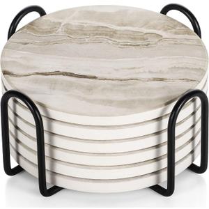 LIFVER Coasters Set of 6, Coasters for Drinks Absorbent Stone with Holder, Black Marble Style Ceramic Drink Coaster for Tabletop Protection, Coffee Table Decor Ideal for Home Decor House Warming Gifts