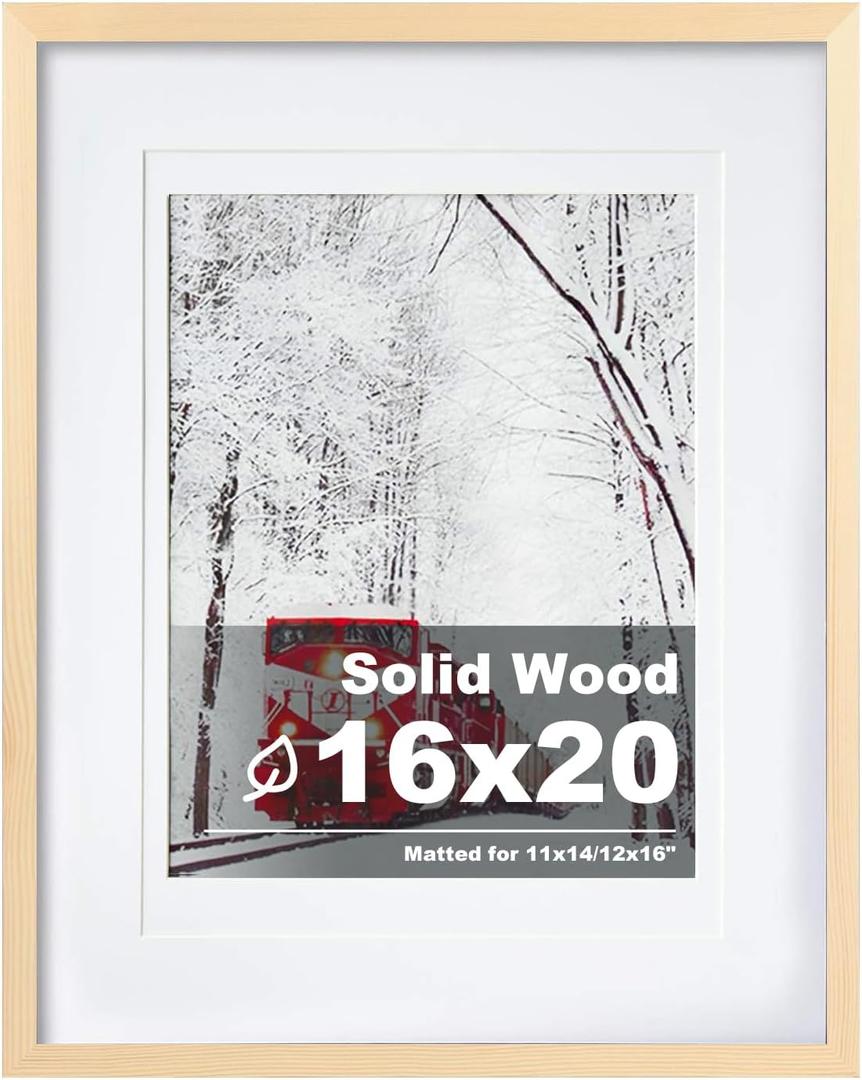 Egofine 16x20 Solid Wood Picture Frame, Made of Solid Wood Covered by Plexiglass 11x14/12x16 with Mat 16x20 without Mat, Poster Frame for Wall Mounting Photo Vertically or Horizontally, Natural Wood