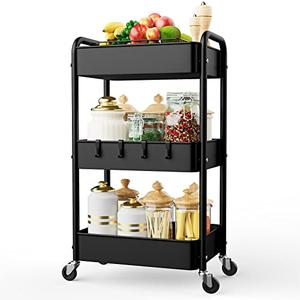 LEHOM 3 Tier Rolling Storage Cart, Metal Trolley Utility Cart with Wheels & Hooks, Easy Assembly Organizer Storage Cart for Bathroom Kitchen Office Bedroom