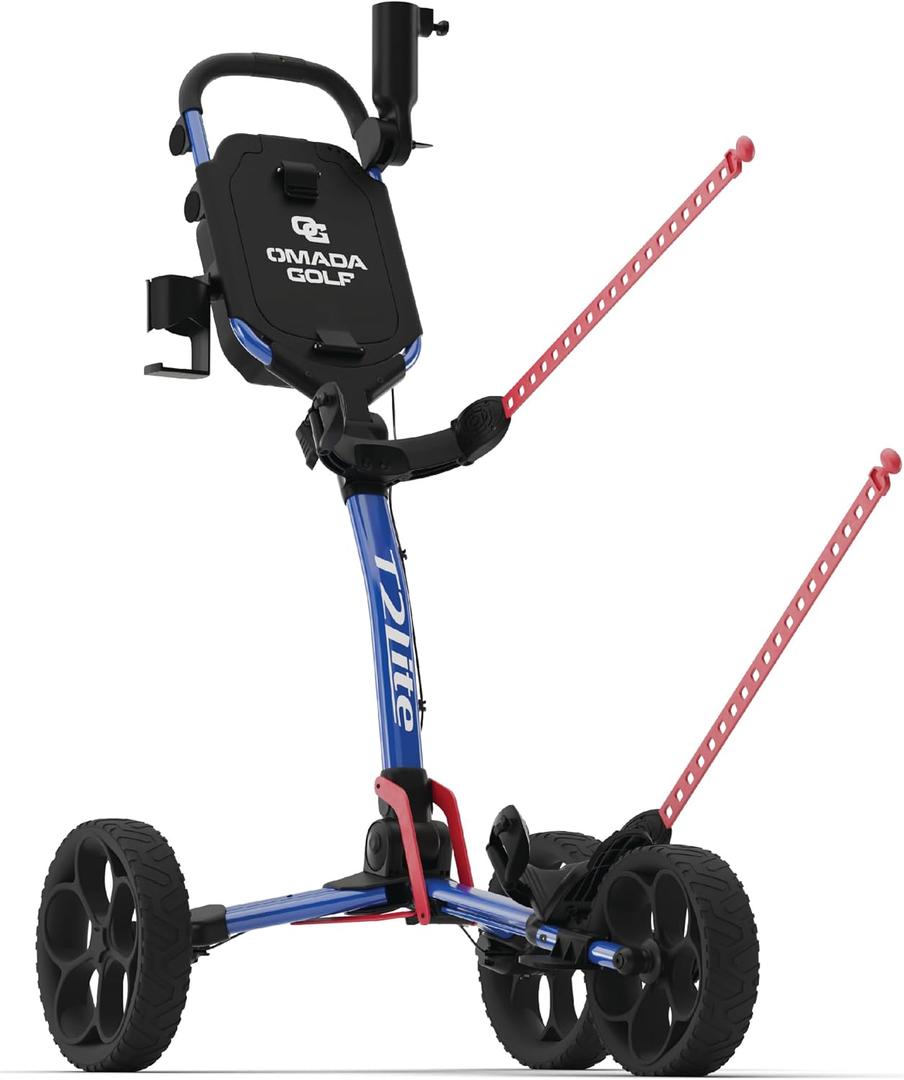 OMADA GOLF T2Lite Golf Push Cart | Lightweight, Ultra-Compact Folding Golf Cart | Large All Terrain Wheels | Umbrella Holder Included | Deep Storage Console | Adjustable Handle, Handbrake + Cup Holder
