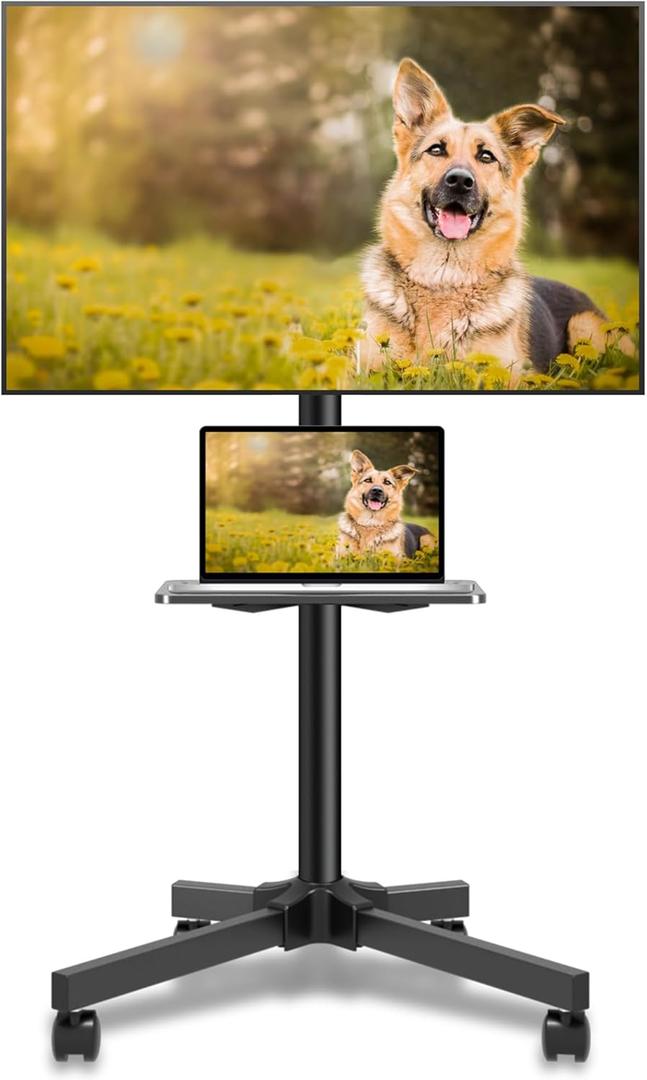 Mobile TV Carts on Wheels for 21-60 Inch Flat/ Curved Panel Screens TVs - Height Adjustable Floor Trolley Stand with Shelf Holds up to 77lbs - Max VESA 400x400mm, Black