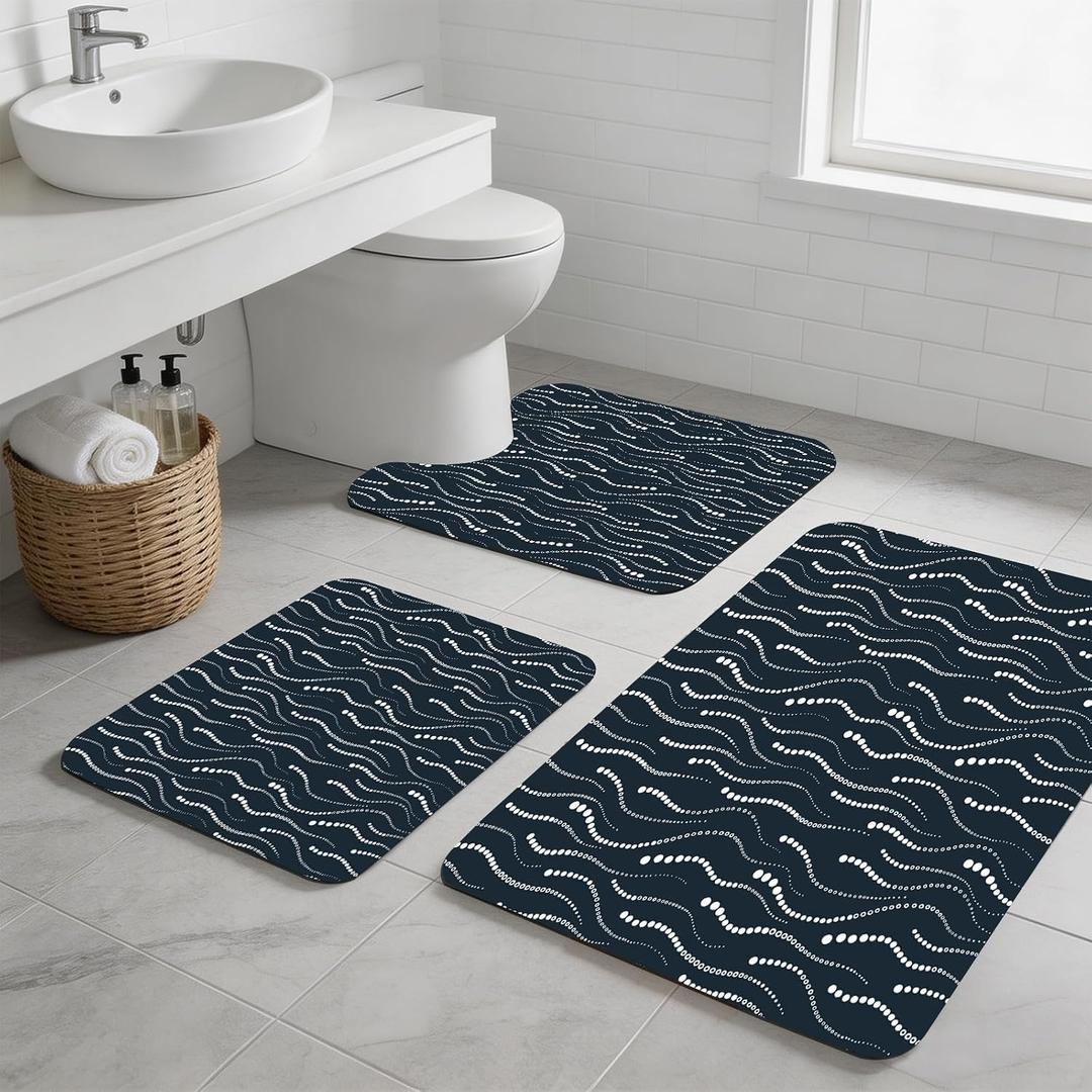 3PCS Absorbent Bath Mat, Quick Dry Non Slip Bath Rug, Navy Blue, Size: 1'8" x 2'8" (Rectangular)