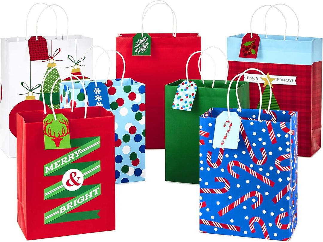 Hallmark Christmas Assorted Gift Bag Bundle with Mix-n-Match Gift Tags, Traditional (Pack of 7 : 3 Large 13", 4 Medium Gift Bags 9"; 7 Gift Tags)