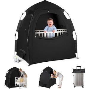 Blackout Tent for Pack and Play - Pack N Play Blackout Cover - 1-Click Setup Portable Sleep Pod with Monitor Pouch & 2 Fan Pouch, Black Out Tent Blocks 95% Light, Medium